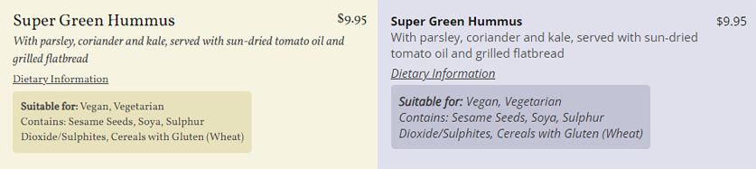 Dietary info on a web menu
