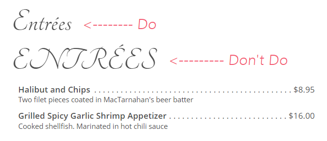 headline fonts on menu