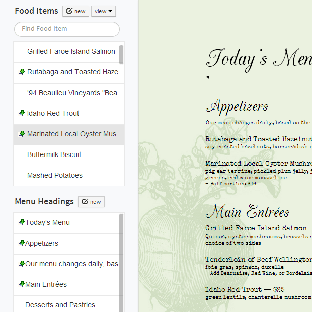 restaurant menu items list