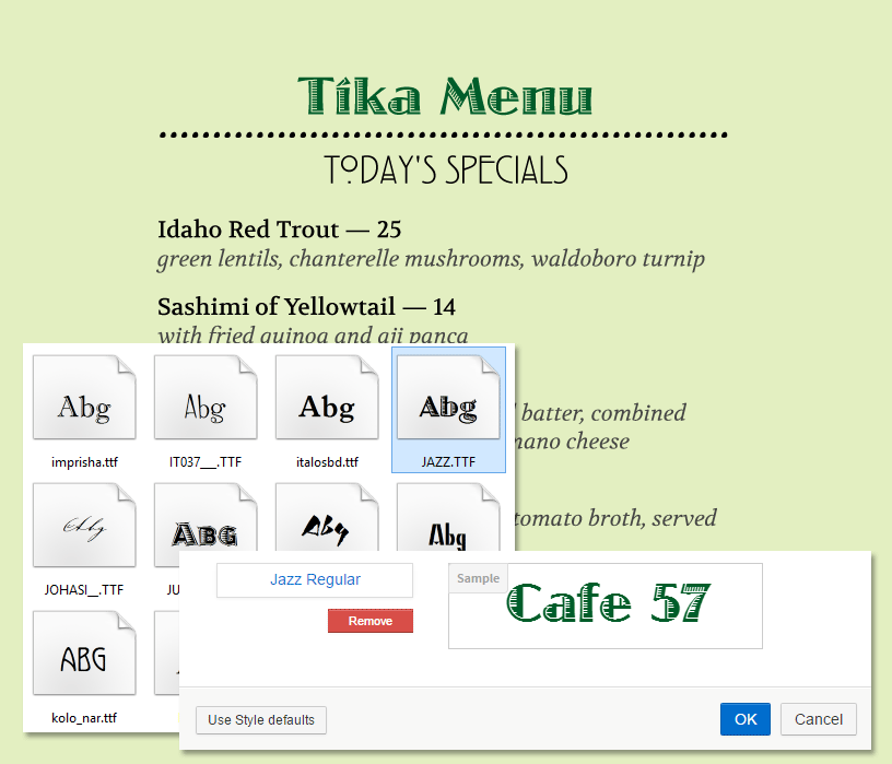 menu example with custom fonts