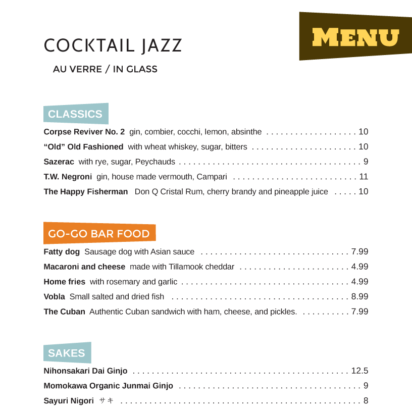 jazz cocktails menu design