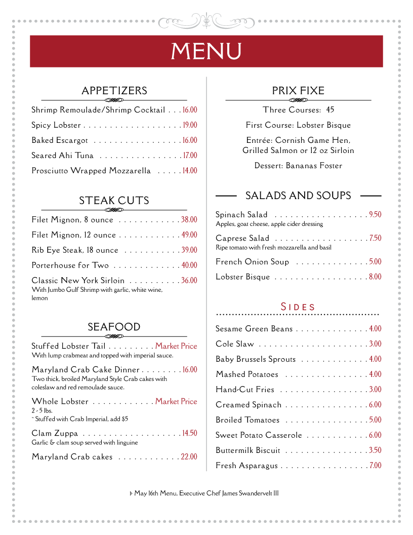 steakhouse restaurant menu template